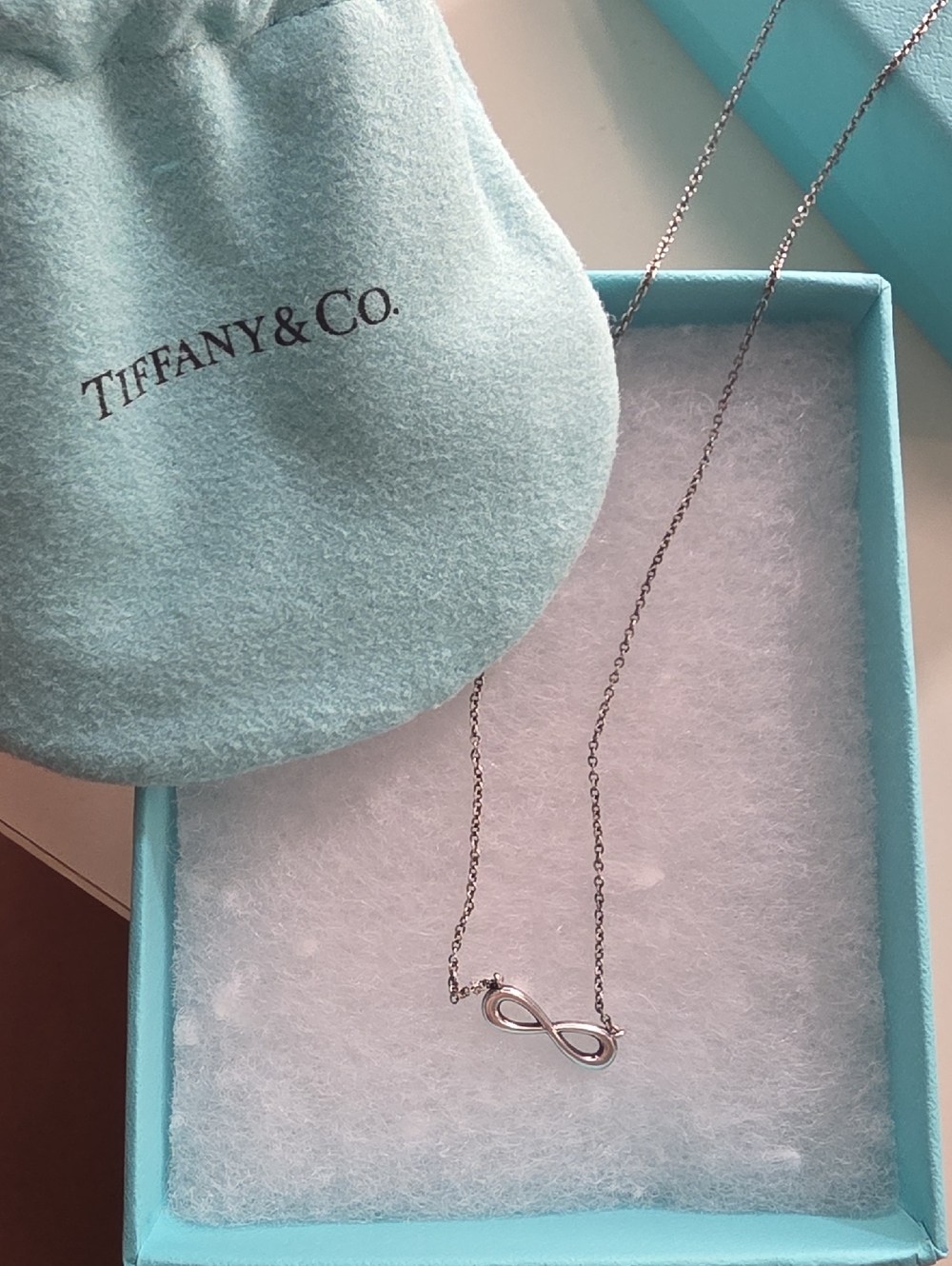 Tiffany & Co. Silver Infinity Pendant Necklace with Blue Box Accents